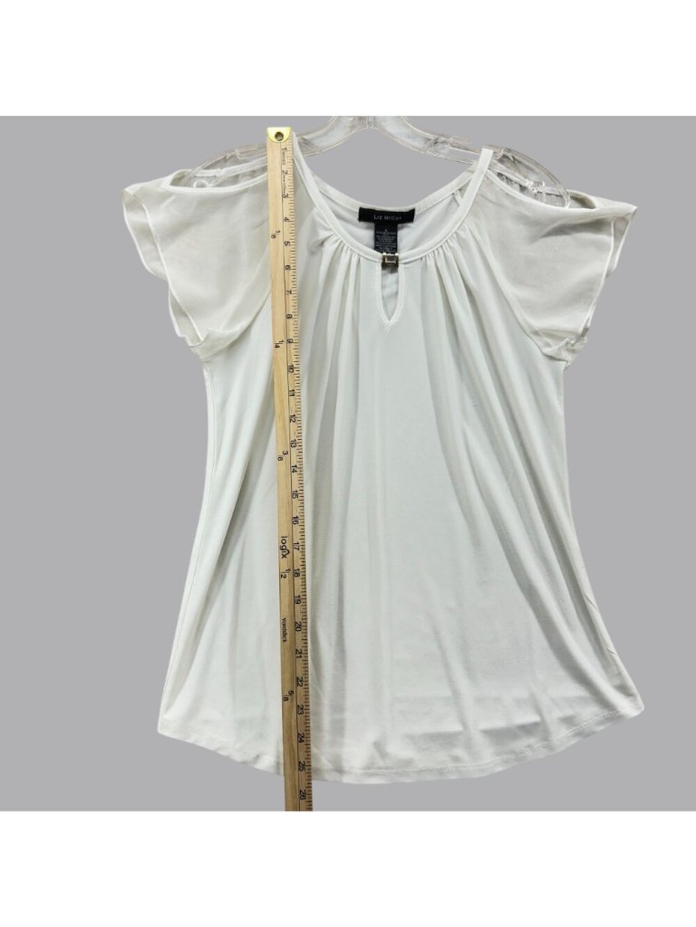 Liz McCoy White Cold Shoulder Sheer Sleeve Blouse Women Size Small Keyhole Top - Picture 6 of 8